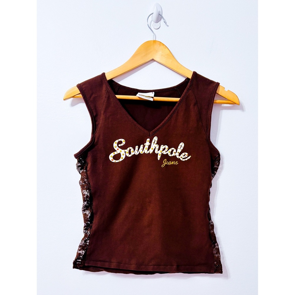 SOUTHPOLE Brown Rhinestone Logo Lace Panel V-Neck Tank Top Large